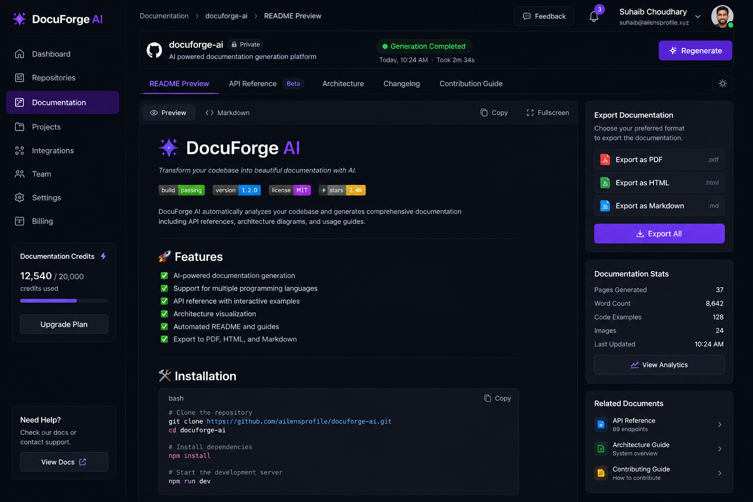DocuForge AI documentation preview with formatted output ready for export