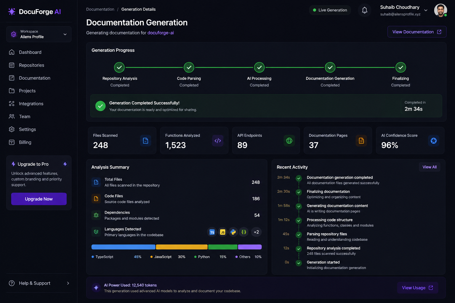 DocuForge AI documentation generation interface with AI processing progress